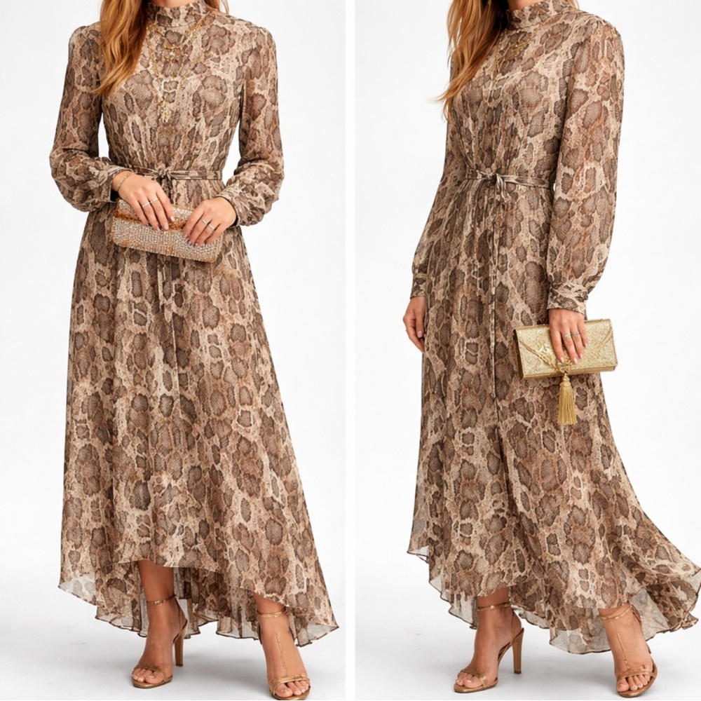 Honey P. Snake print Belted Asymmetrical Midi cuffed Long Sleeve Dress size 10